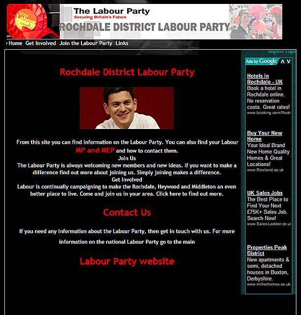 Screenshot of the Rochdale Labour Party website with the photo of David Miliband